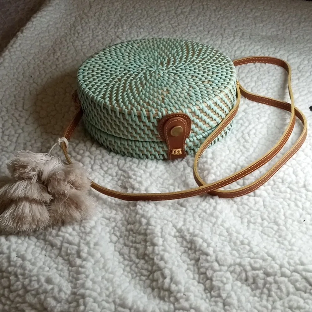 Round woven wicker purse with leather crossbody.  Check out pics!  NWT